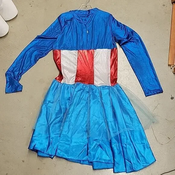 Captain America dress, cape, shield, socks, mask Childs Large 12-14 - Picture 3 of 12